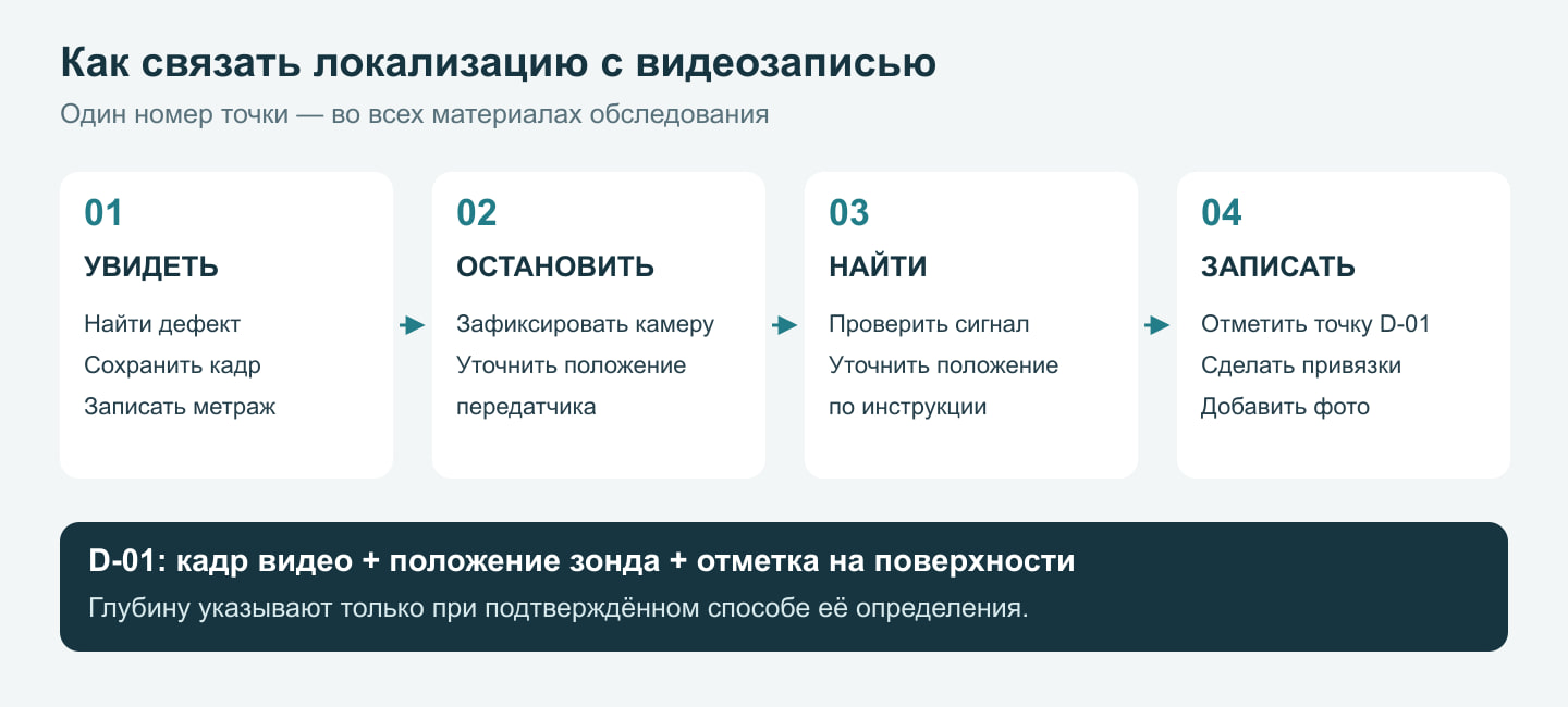 Порядок привязки дефекта: видеозапись, неподвижный зонд, поиск с поверхности и журнал обследования