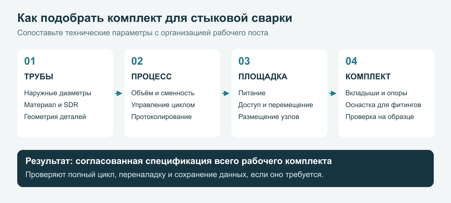 Последовательность подбора сварочного аппарата: трубы, цикл, площадка и комплект